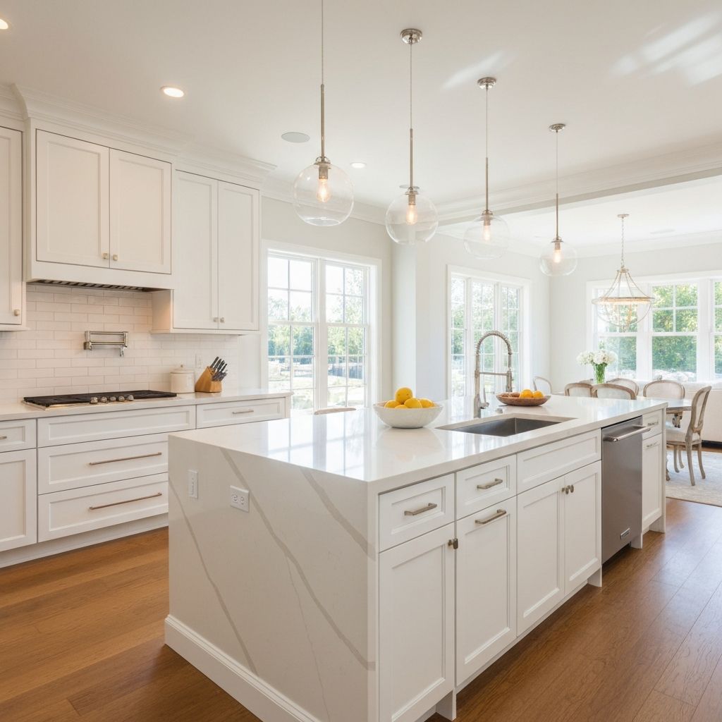 Cocina moderna minimalista blanca con isla central y luces colgantes